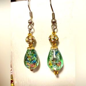 Elegant Green and Gold floral Beaded Teardrop Earrings